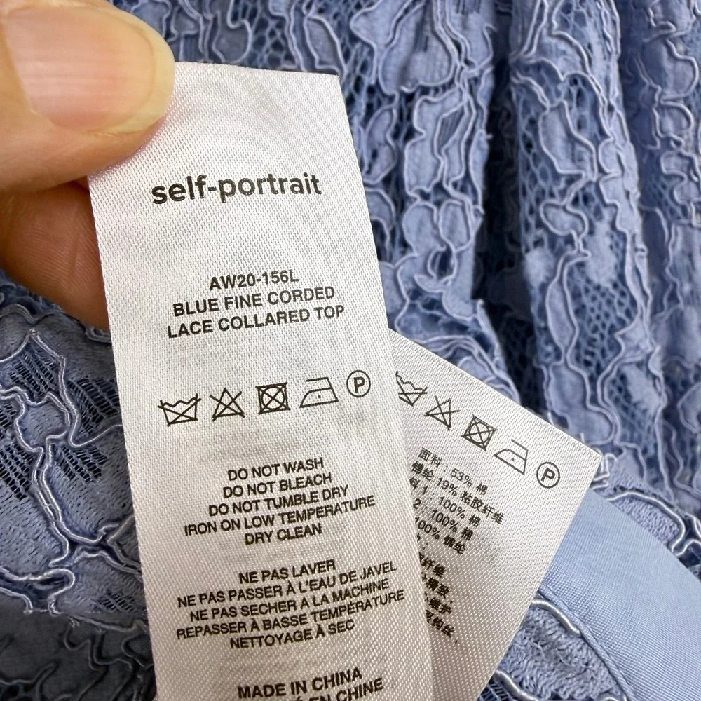Self Portrait Blue Fine‎ Corded Lace Collared Button Up Shirt Top WOMEN 6 SHEER